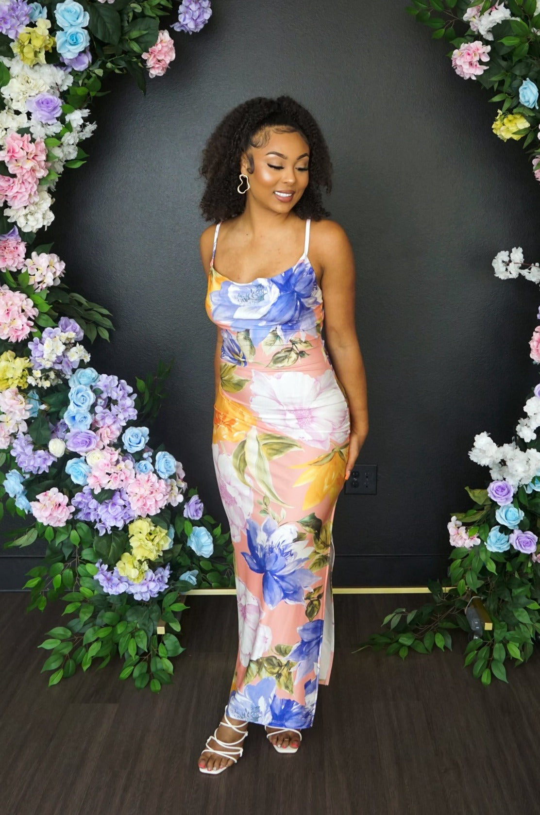 full bloom maxi dress Full Bloom Mock Neck Bubble Sleeve Maxi Dress for Tea Parties & Holiday Celebrations pink L
